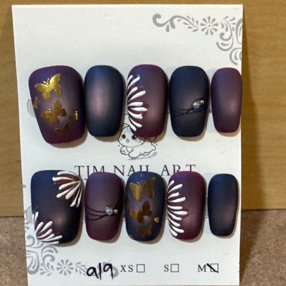 Press On Nails Matte Purple Black Ombre Gold Butterfly Pearl Size M